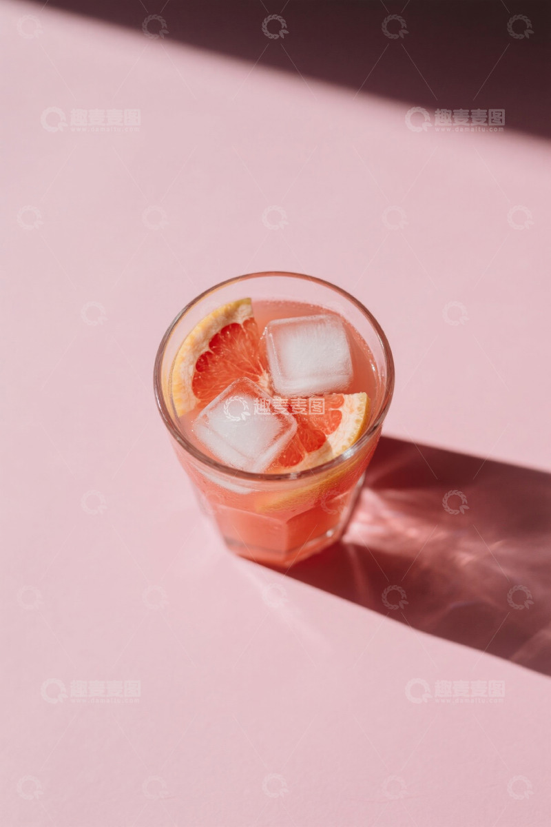 高清大图下载【趣麦麦图】粉色背景下玻璃杯装的水果饮料