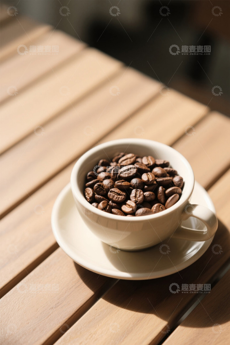 高清大图下载【趣麦麦图】木桌上杯装咖啡豆特写