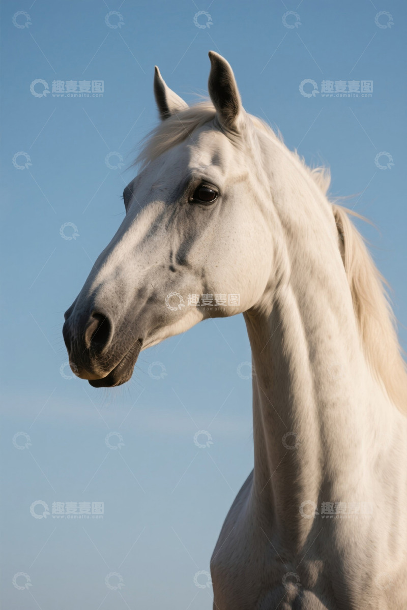 高清大图下载【趣麦麦图】蓝天白云下的白马特写
