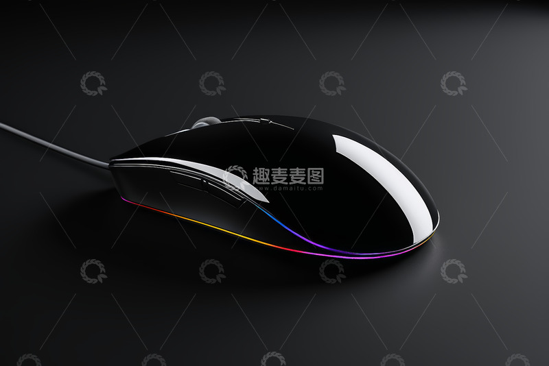 高清大图下载【趣麦麦图】黑色有线发光电脑鼠标特写
