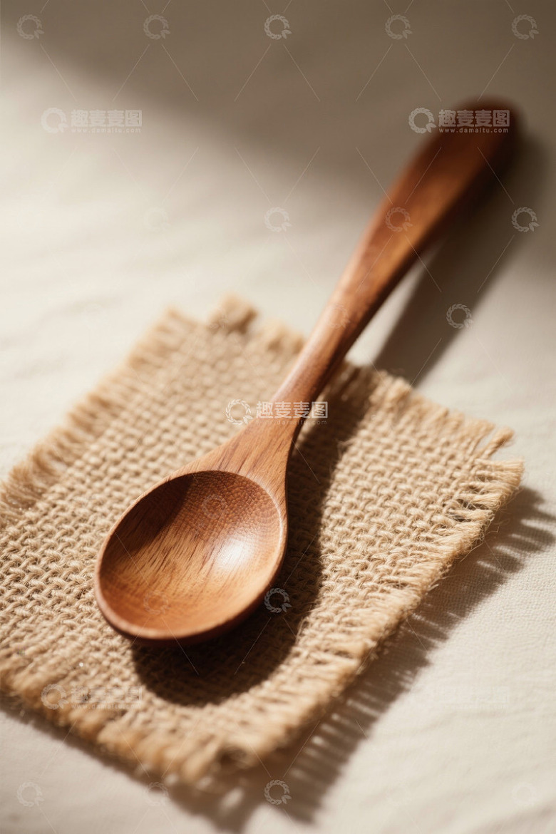 麻布上的木质勺子特写
