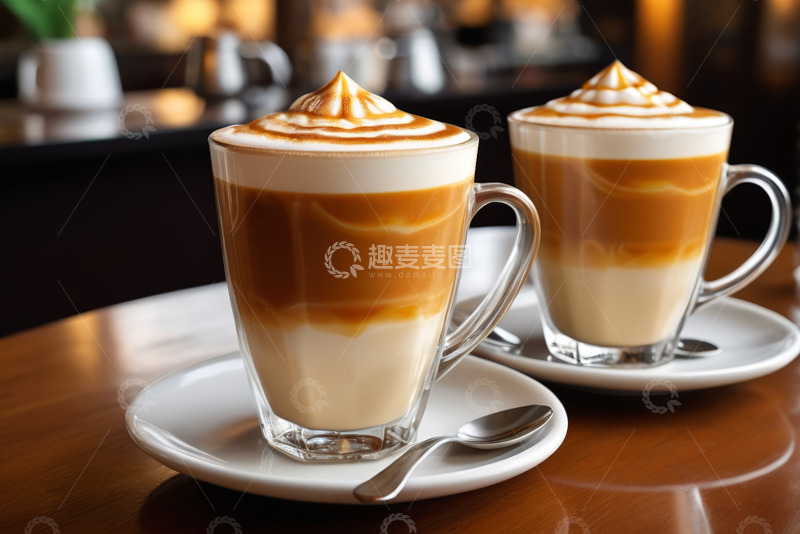 高清大图下载【趣麦麦图】咖啡馆内两杯卡布奇诺咖啡
