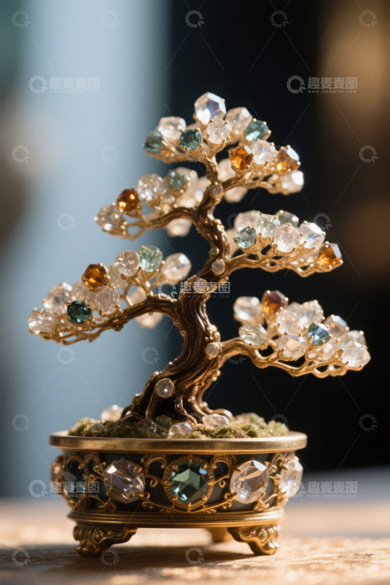 高清大图下载【趣麦麦图】宝石黄金装饰的盆景摆件