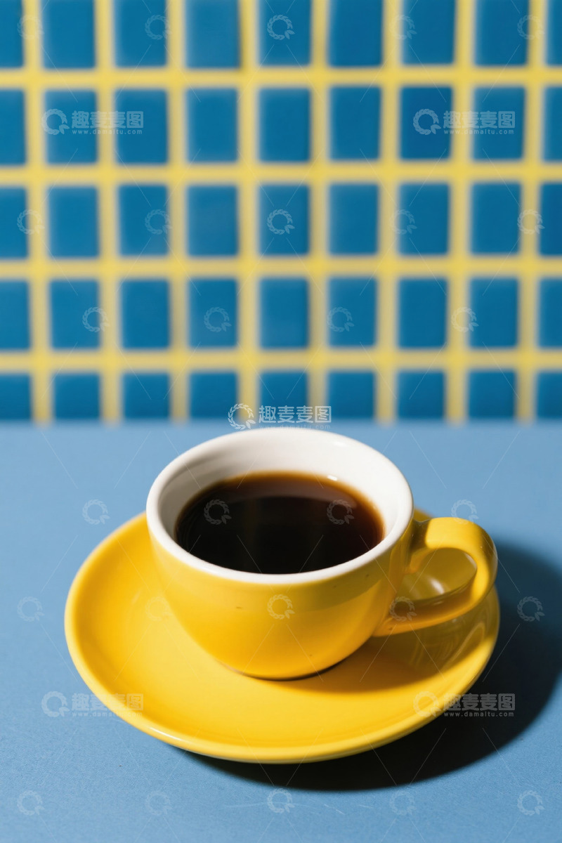 高清大图下载【趣麦麦图】黄色咖啡杯与蓝色背景静物