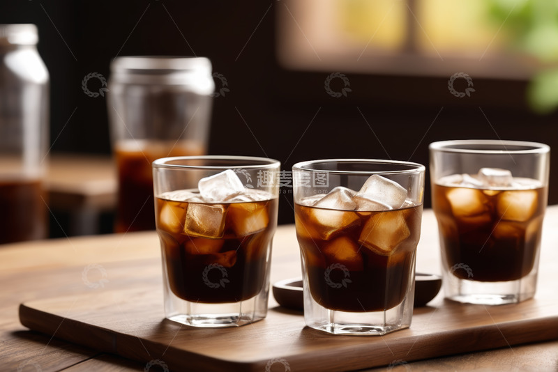 高清大图下载【趣麦麦图】木桌上的冰镇饮料玻璃杯