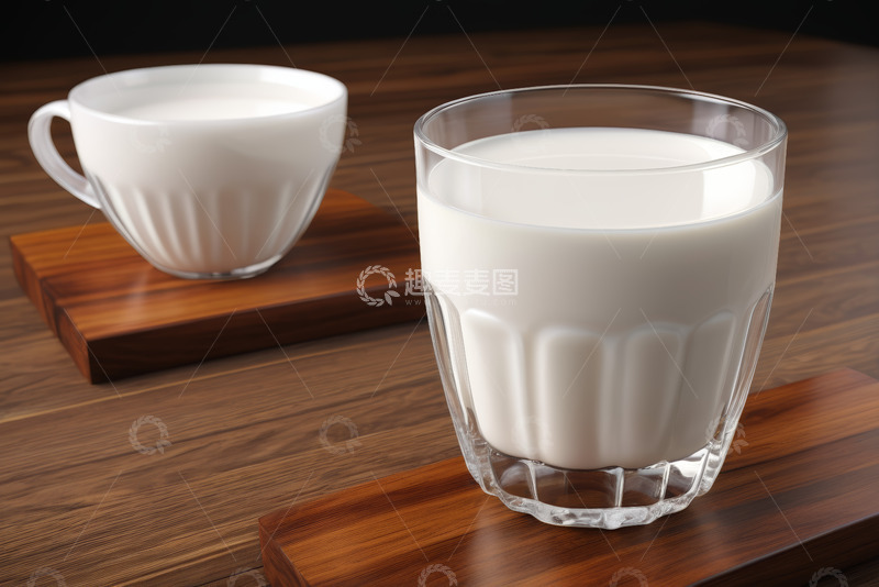 高清大图下载【趣麦麦图】木桌上玻璃杯装的牛奶饮品