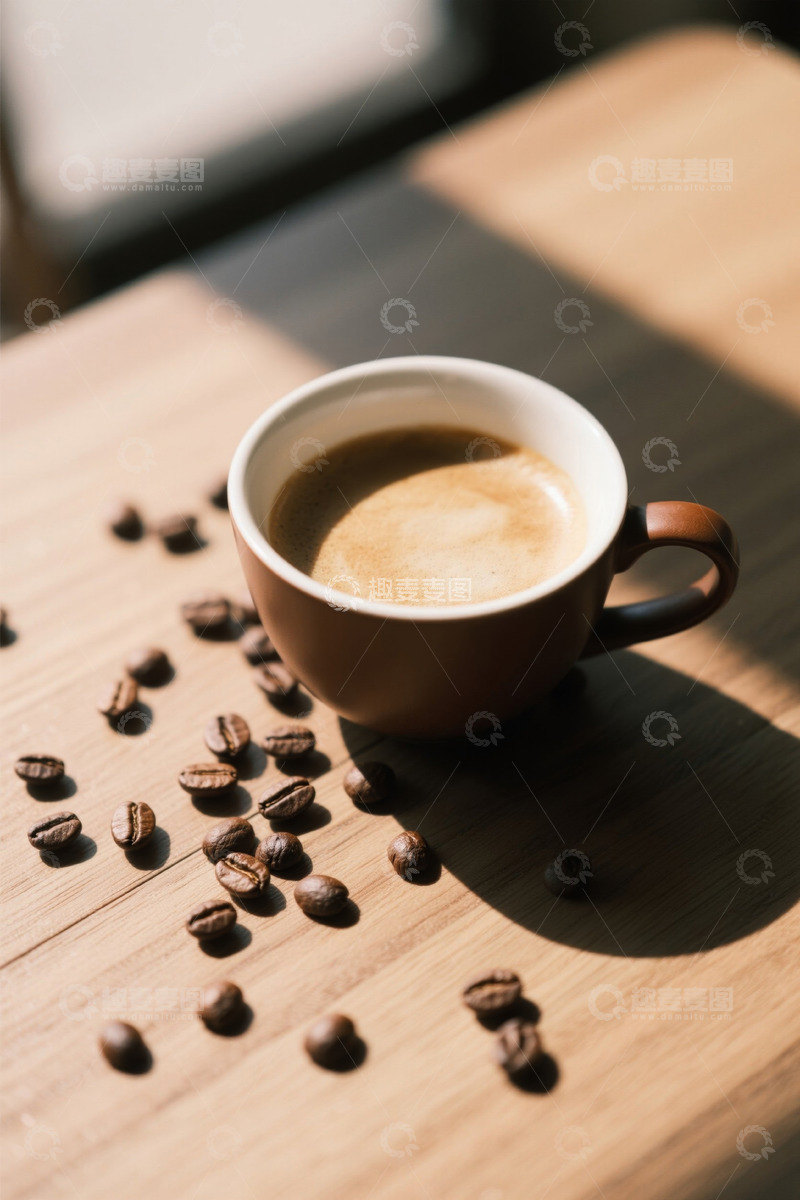 高清大图下载【趣麦麦图】木桌咖啡杯与散落咖啡豆