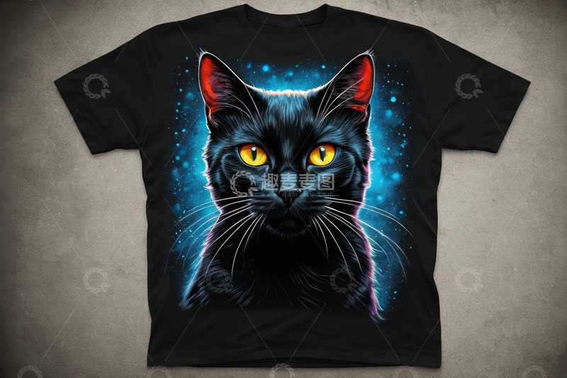 高清大图下载【趣麦麦图】黑猫图案黑色T恤