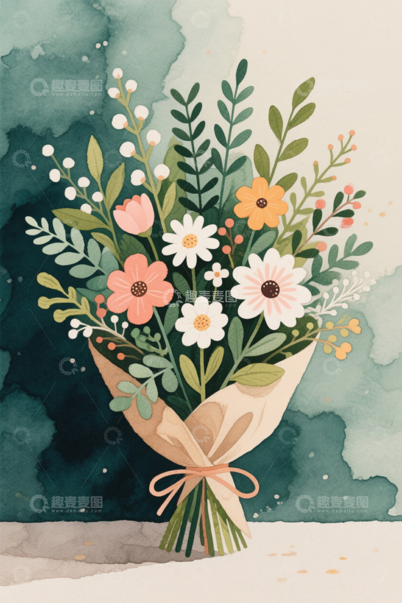 高清大图下载【趣麦麦图】水彩风格手绘花卉花束