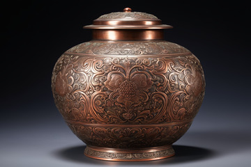 复古花纹带盖铜罐特写