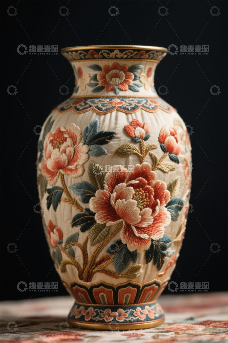 高清大图下载【趣麦麦图】中式花卉图案陶瓷花瓶特写