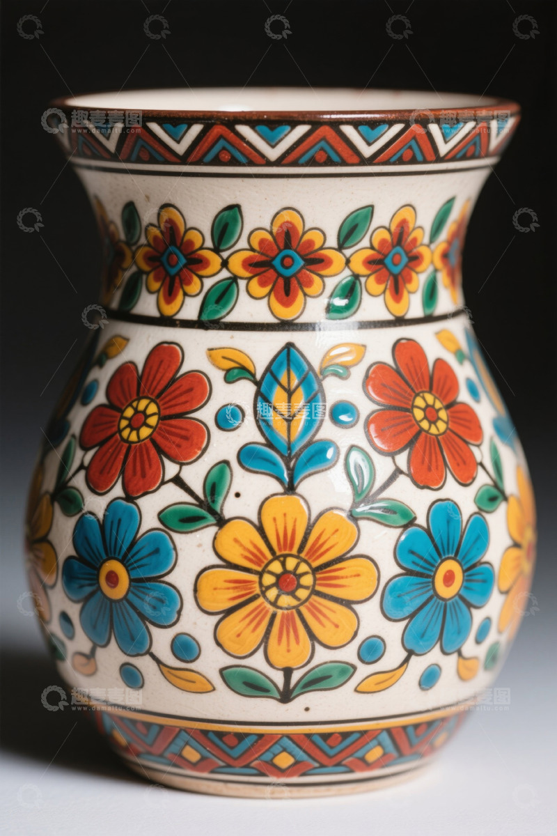 高清大图下载【趣麦麦图】彩色花卉图案陶瓷花瓶特写