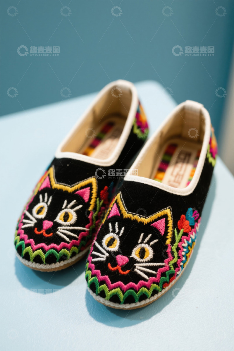 高清大图下载【趣麦麦图】黑猫刺绣女童鞋特写
