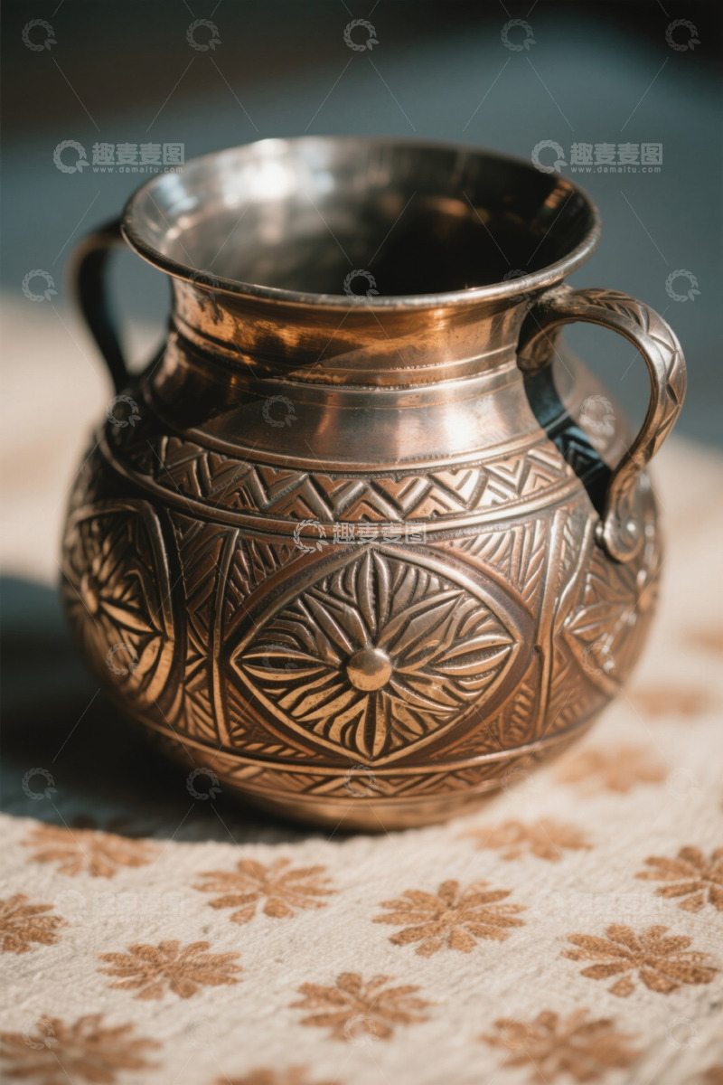 高清大图下载【趣麦麦图】传统花纹双耳铜罐特写