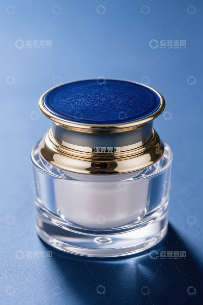 高清大图下载【趣麦麦图】蓝色背景玻璃瓶装美容护肤品