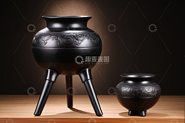 古朴三足香炉与小香炉静物