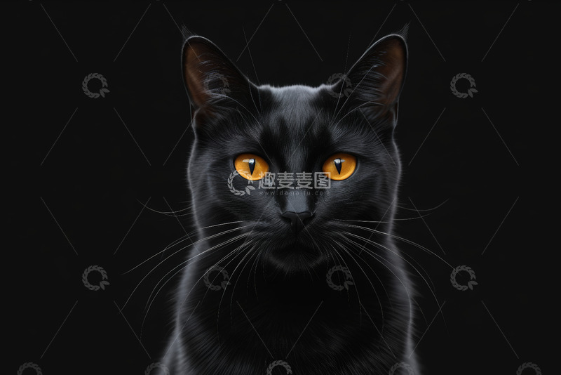 高清大图下载【趣麦麦图】黑猫特写，橙黄色眼睛