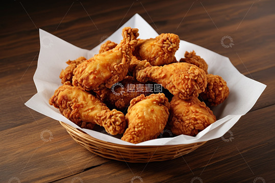 木桌上竹篮装的美味炸鸡腿