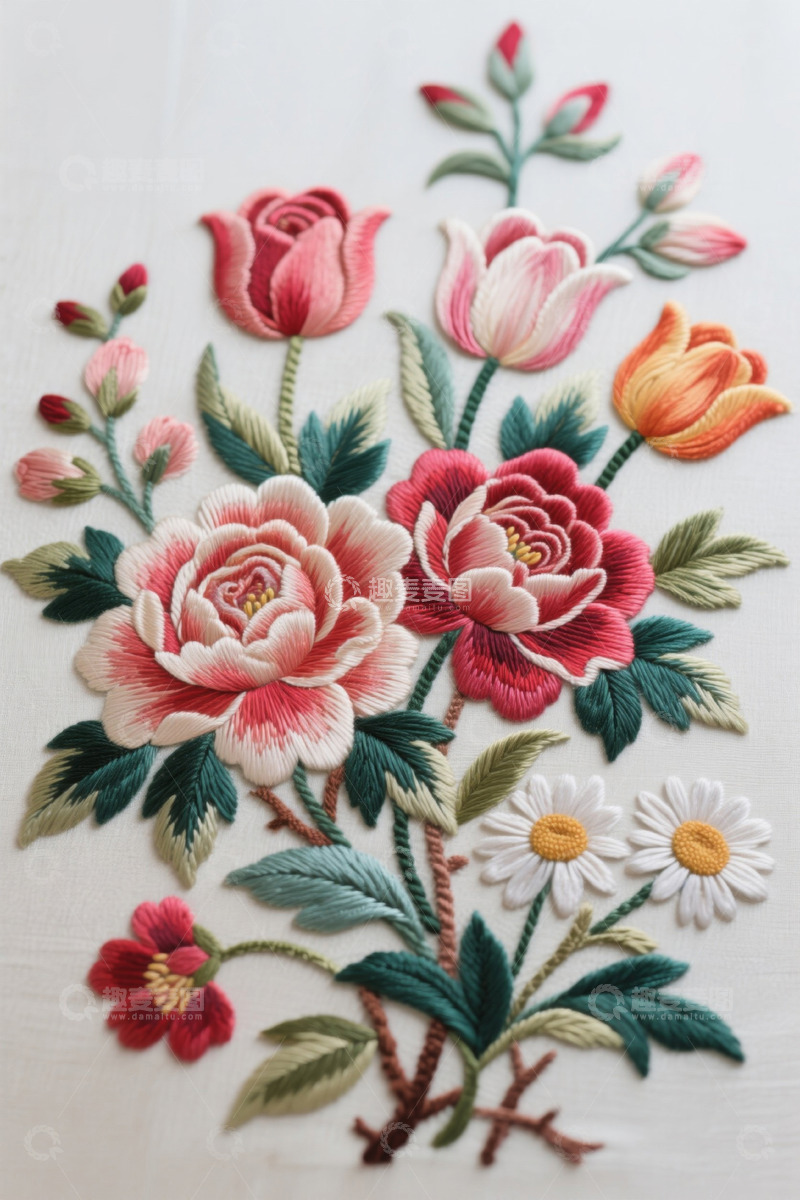 高清大图下载【趣麦麦图】花卉刺绣图案特写
