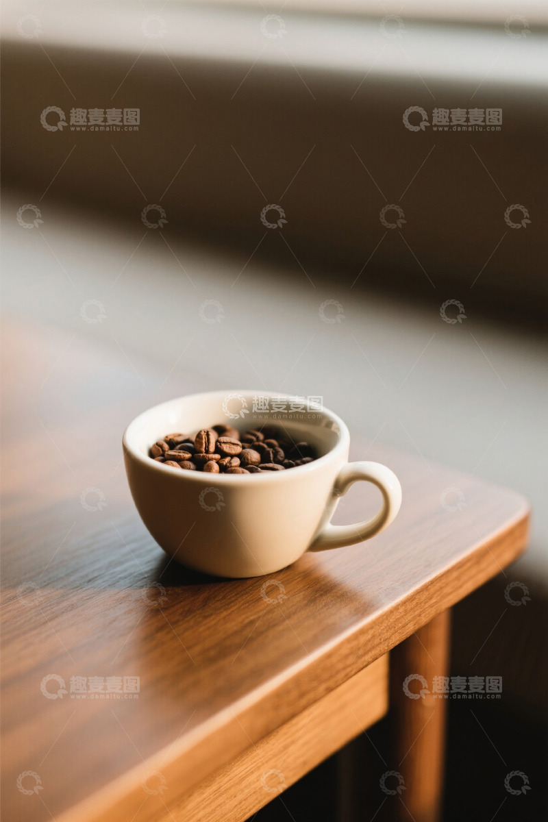 高清大图下载【趣麦麦图】木桌上装咖啡豆的白色杯子