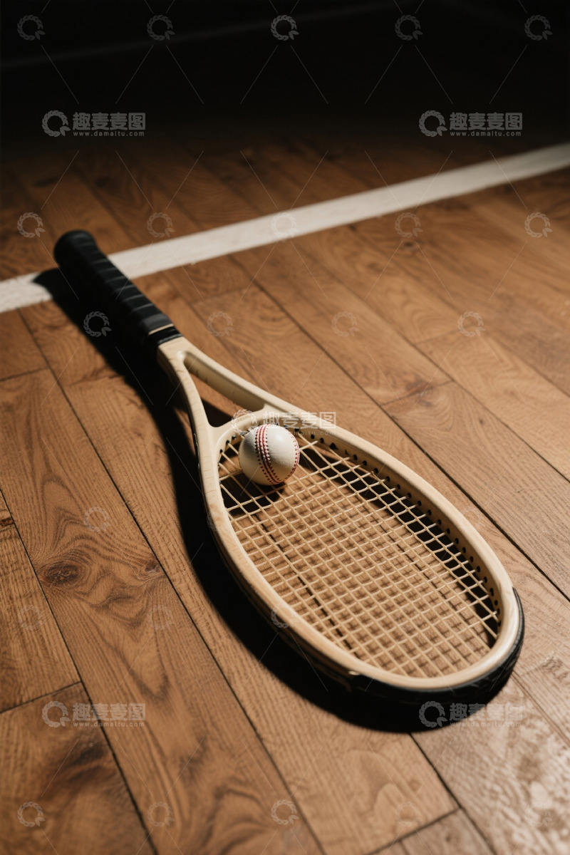高清大图下载【趣麦麦图】木质地板上的网球拍与球