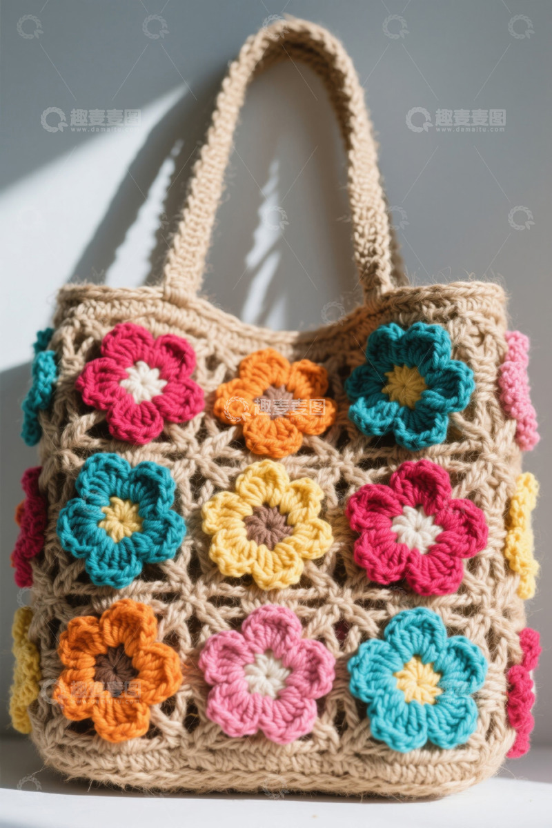 高清大图下载【趣麦麦图】手工针织花朵图案手提包