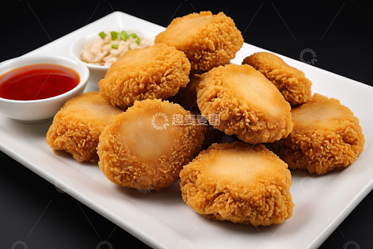 白色盘装油炸食品配蘸料