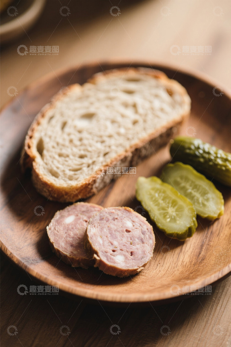 高清大图下载【趣麦麦图】木盘上的面包香肠与腌黄瓜