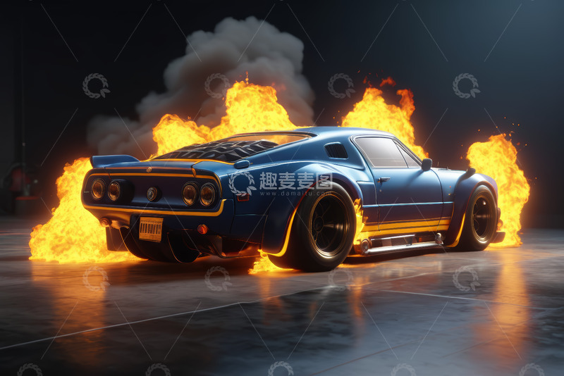 高清大图下载【趣麦麦图】蓝色跑车火焰特效画面
