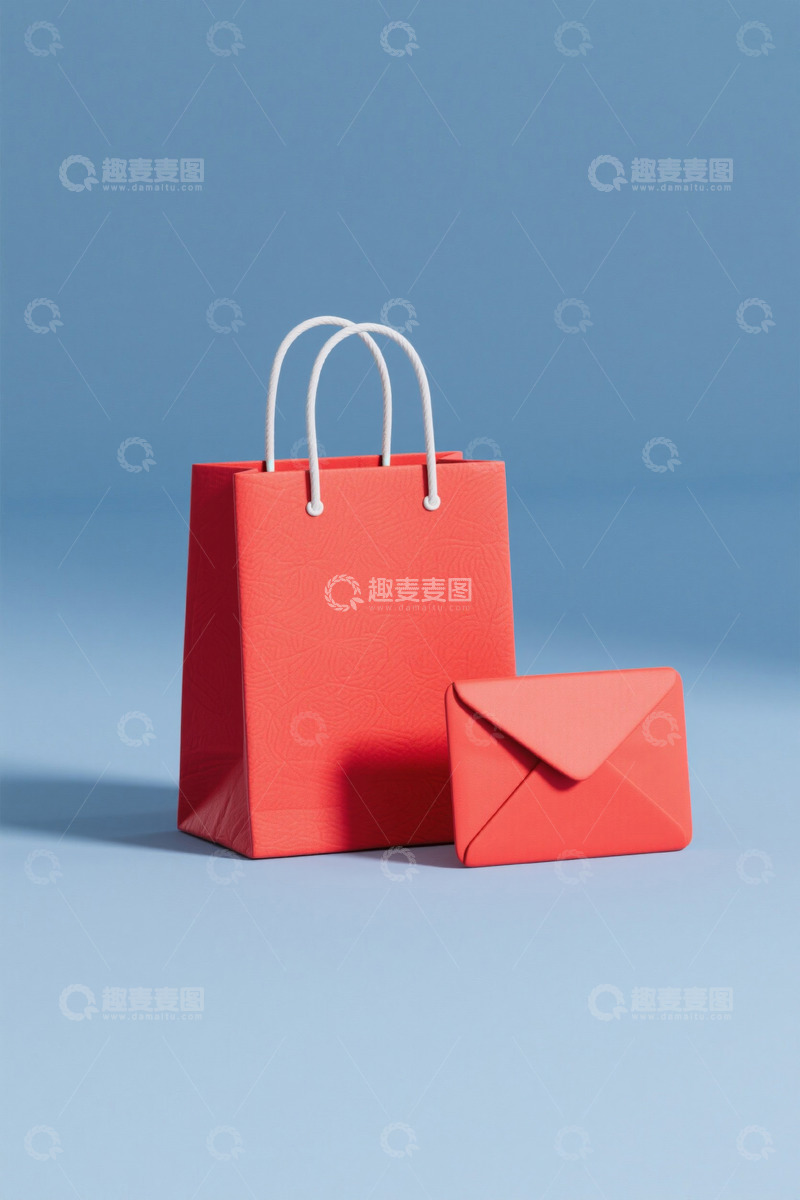 高清大图下载【趣麦麦图】红色购物袋与信封静物素材