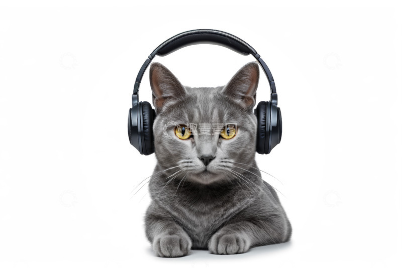 高清大图下载【趣麦麦图】戴耳机的灰色猫咪