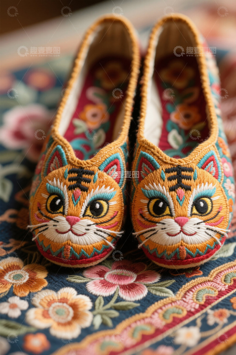 高清大图下载【趣麦麦图】传统刺绣虎头鞋特写