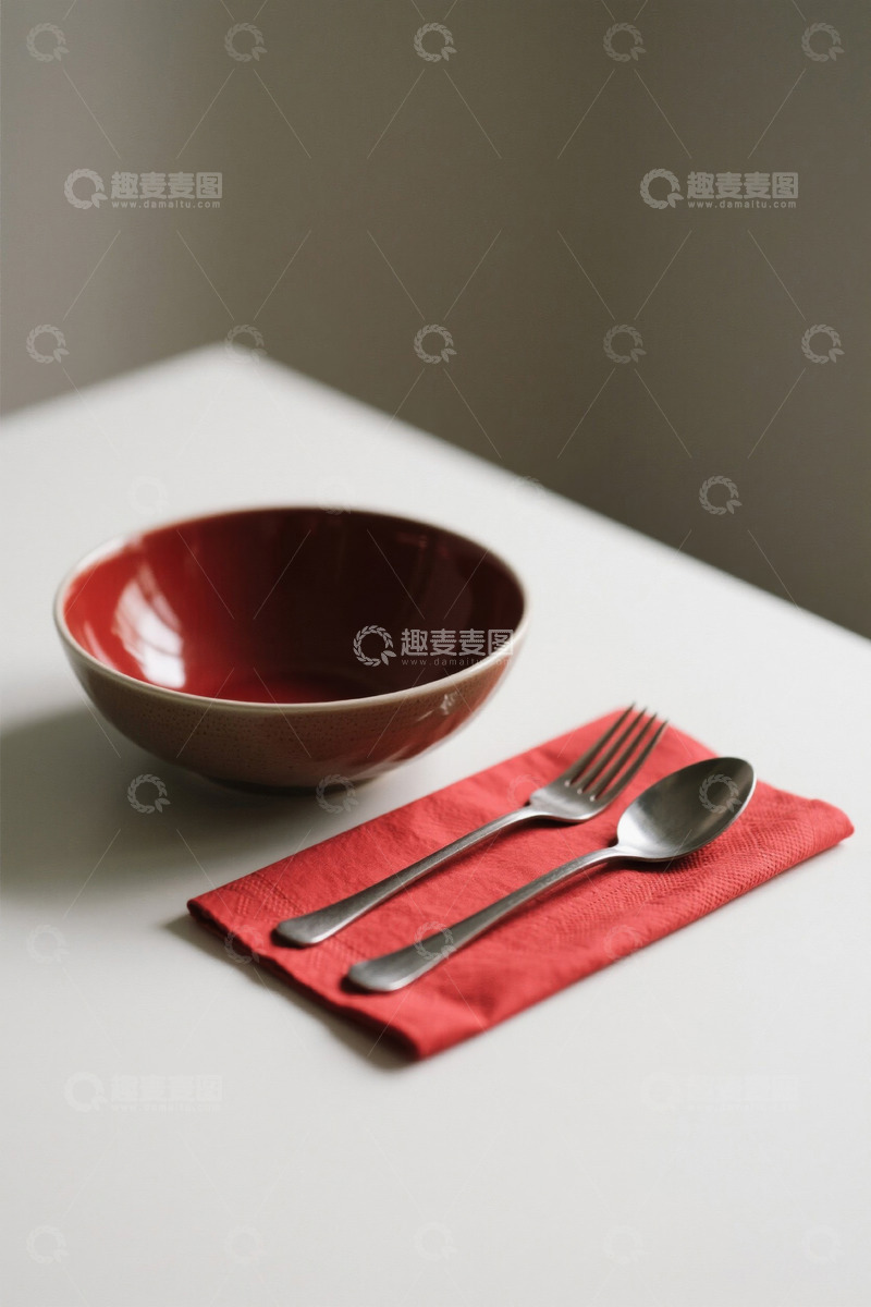 高清大图下载【趣麦麦图】白色桌上的红色碗餐具组合