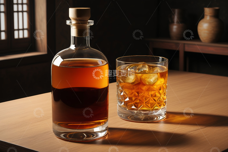 高清大图下载【趣麦麦图】桌上瓶装威士忌与加冰酒杯