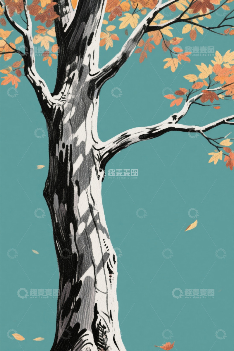 高清大图下载【趣麦麦图】秋季单棵树木插画素材