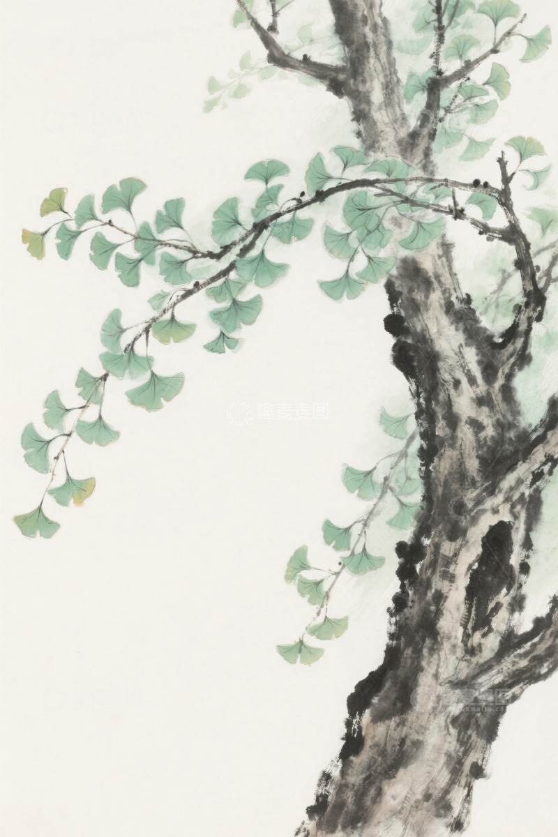 高清大图下载【趣麦麦图】中式水墨画银杏树枝叶