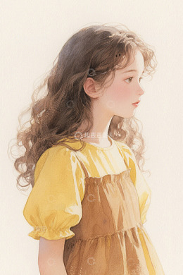 卷发女孩侧立黄色服装肖像