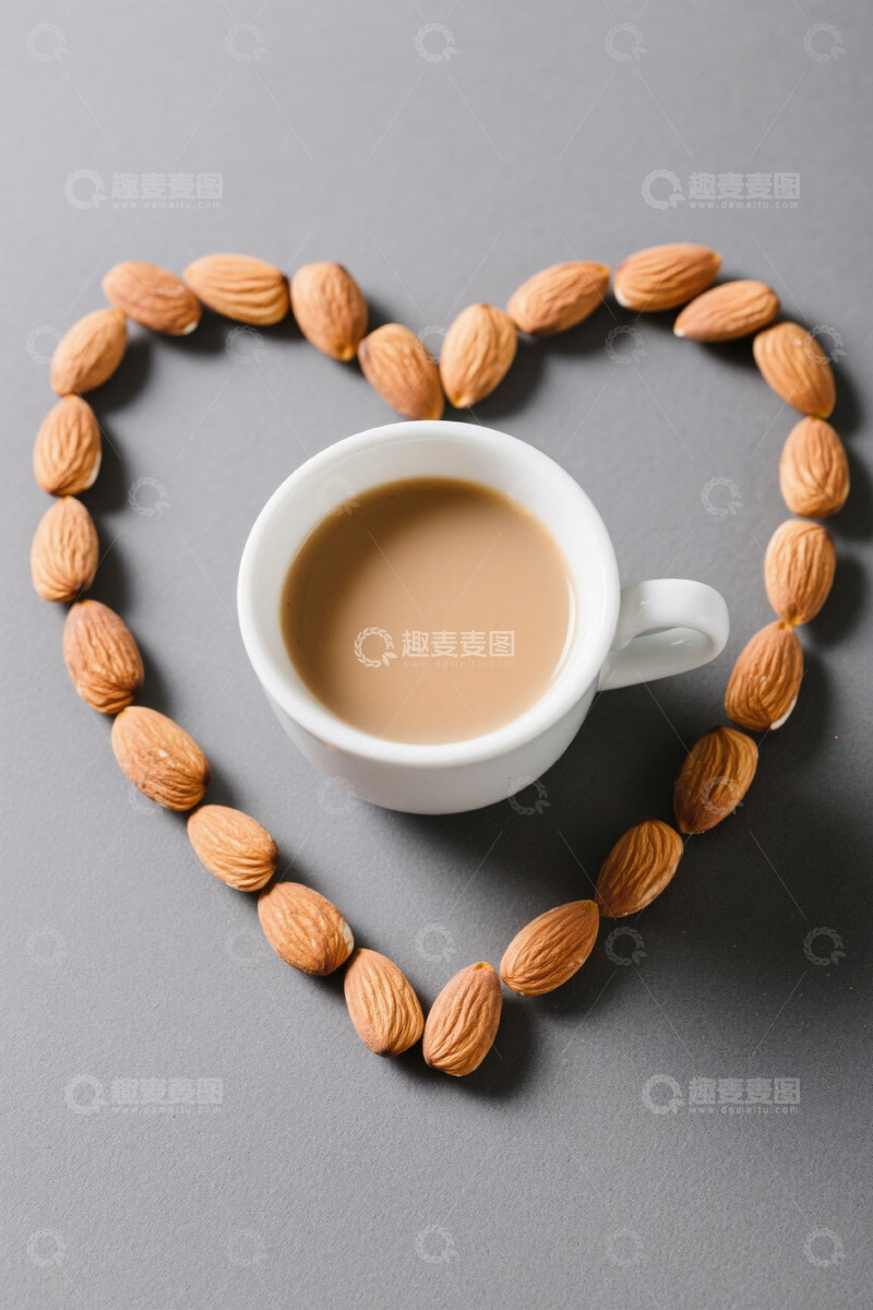 高清大图下载【趣麦麦图】心形杏仁围绕的咖啡杯
