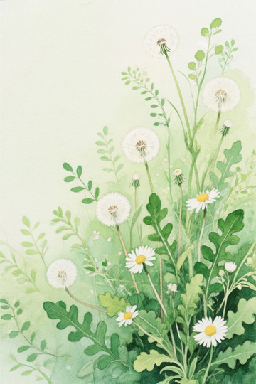 水彩风格蒲公英与雏菊植物图