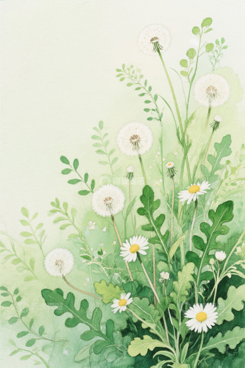 高清大图下载【趣麦麦图】水彩风格蒲公英与雏菊植物图