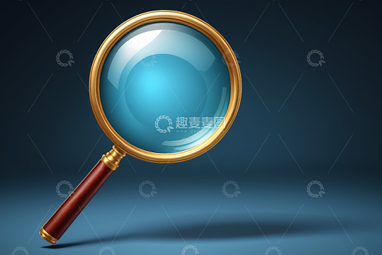 蓝色背景上的金色放大镜