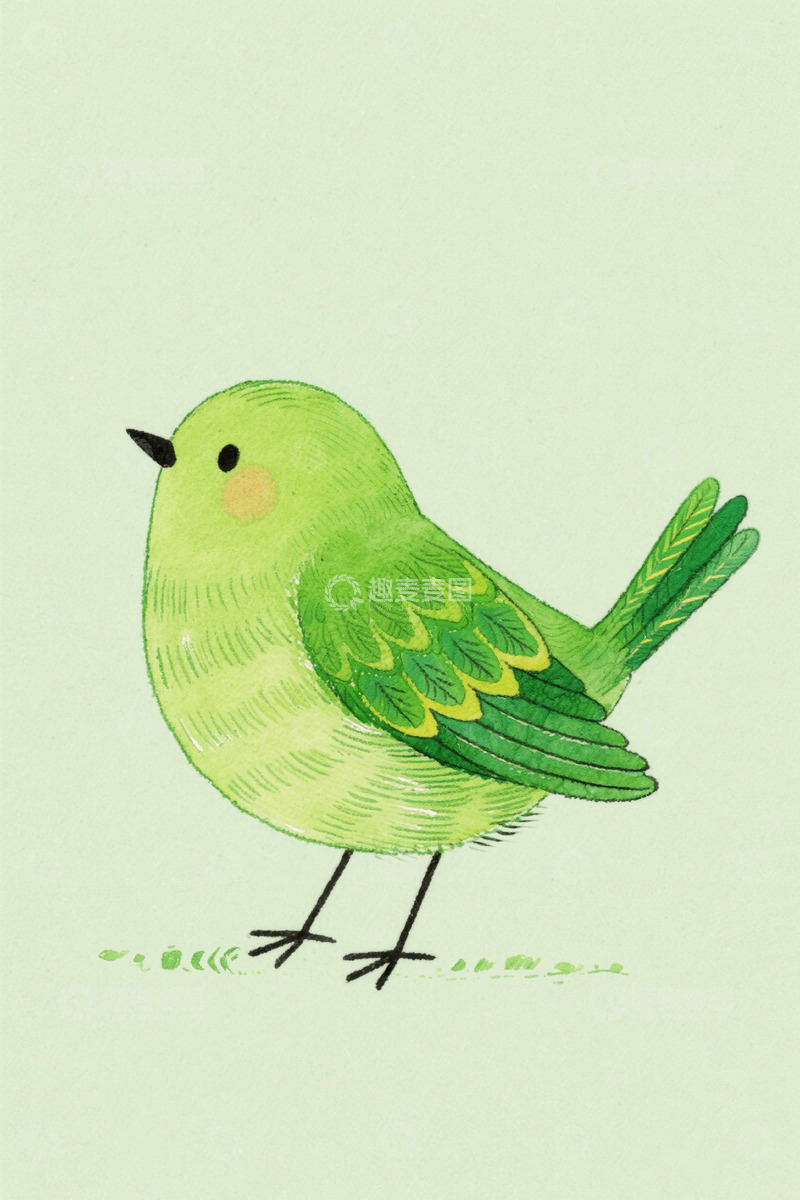 高清大图下载【趣麦麦图】手绘绿色小鸟插画