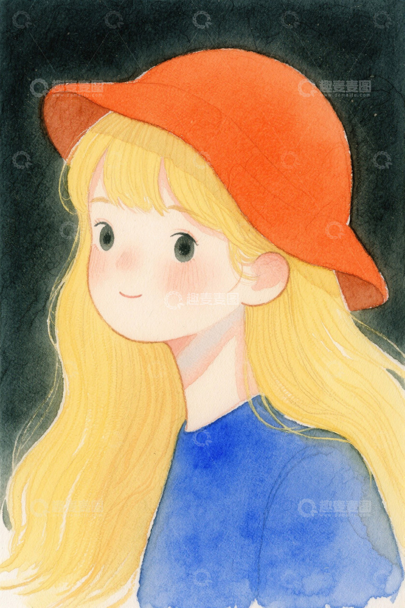 高清大图下载【趣麦麦图】戴红帽金发女孩水彩画像