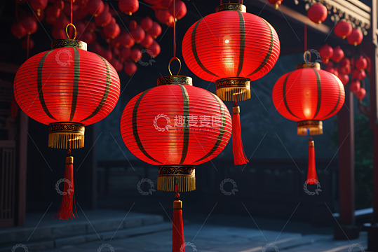 中式建筑前悬挂的红色灯笼