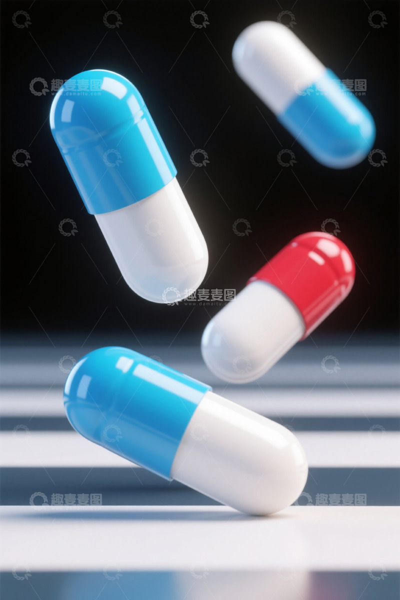 高清大图下载【趣麦麦图】悬浮的彩色胶囊药品素材