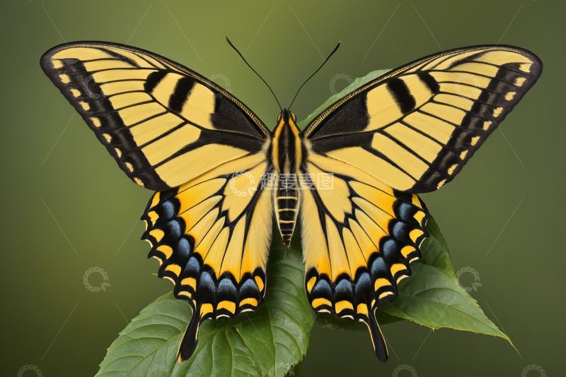 高清大图下载【趣麦麦图】黄色蝴蝶停留在绿叶上