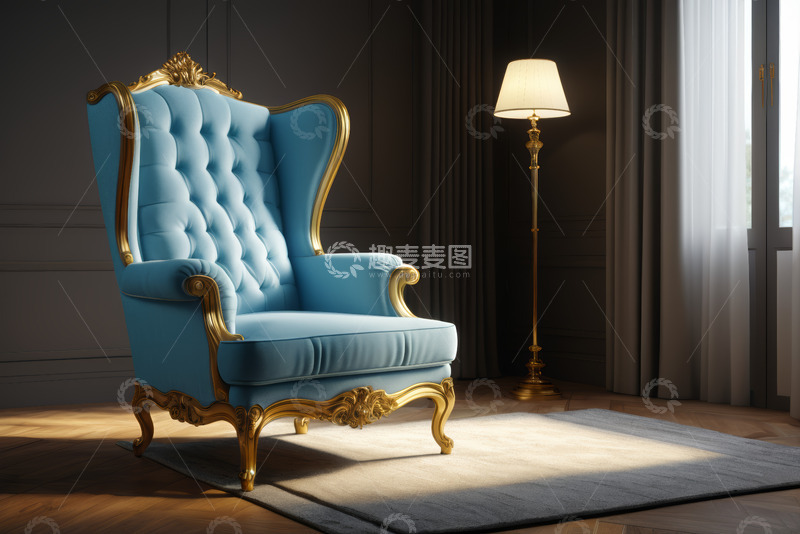 高清大图下载【趣麦麦图】室内蓝色金边装饰座椅