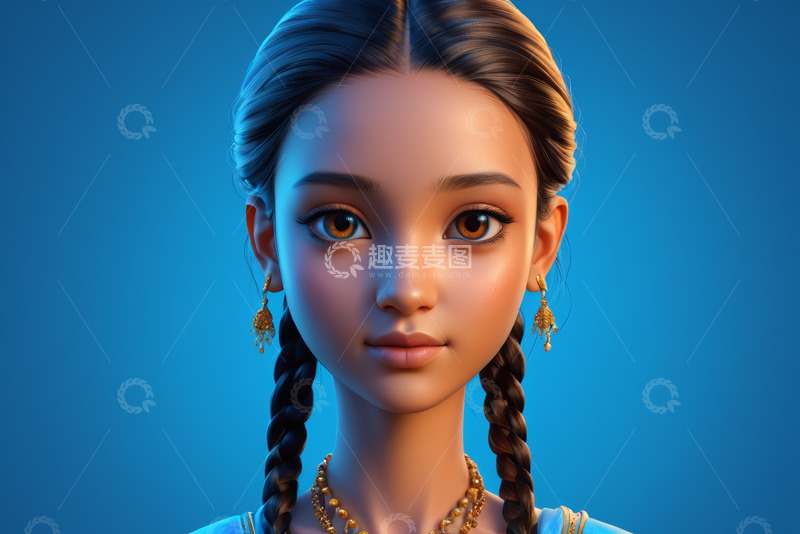 高清大图下载【趣麦麦图】扎双辫戴金饰的卡通女孩