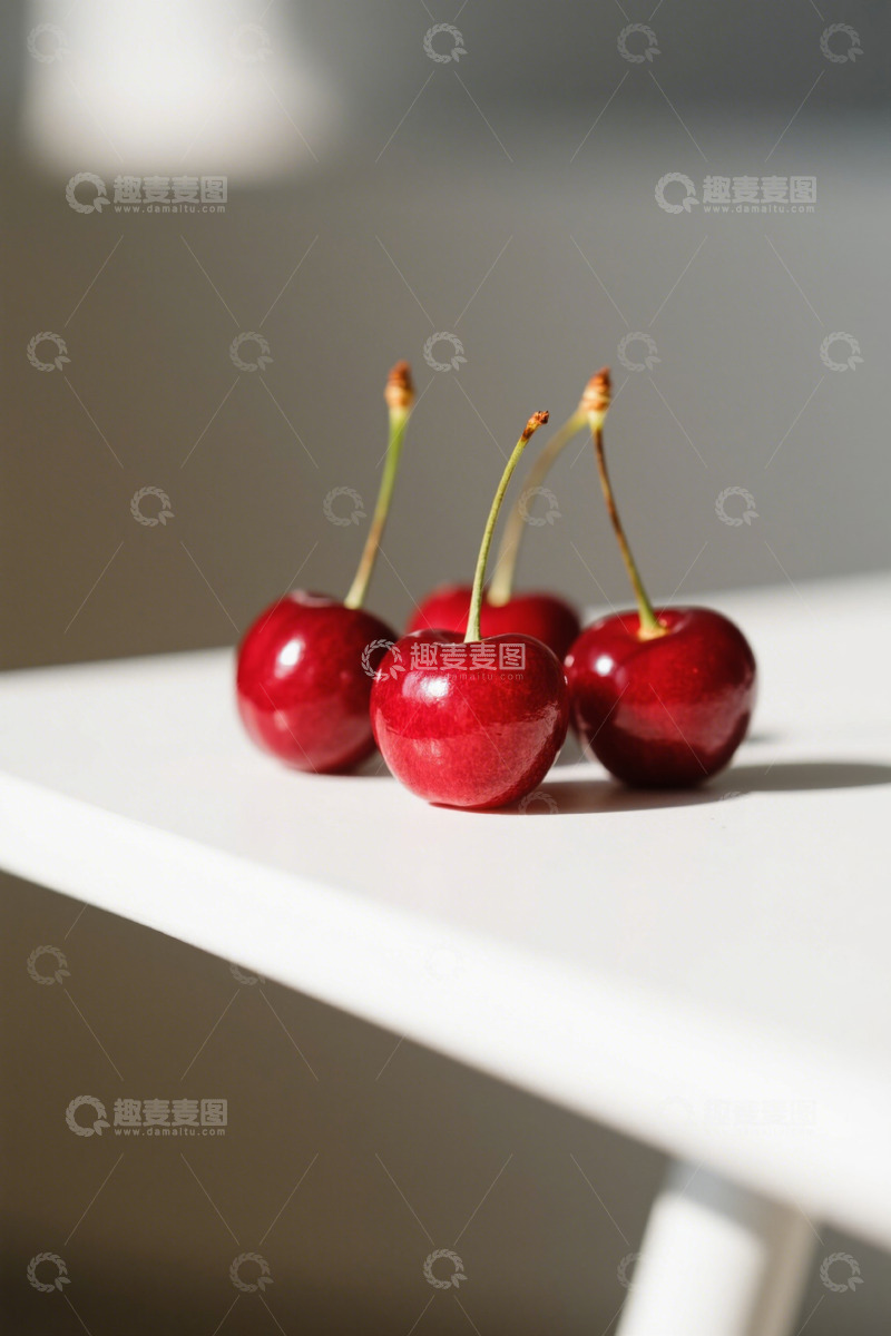 高清大图下载【趣麦麦图】白色桌面上的新鲜樱桃