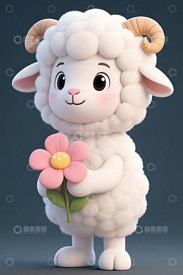 卡通小羊手持花朵形象